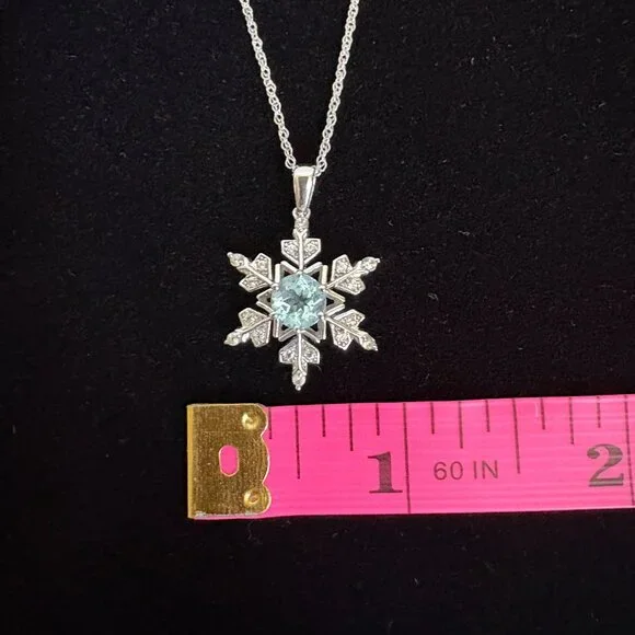 Snowflake Pendant 18" Necklace Simulated Blue & White Topaz 925 Sterling Silver - Picture 4 of 9